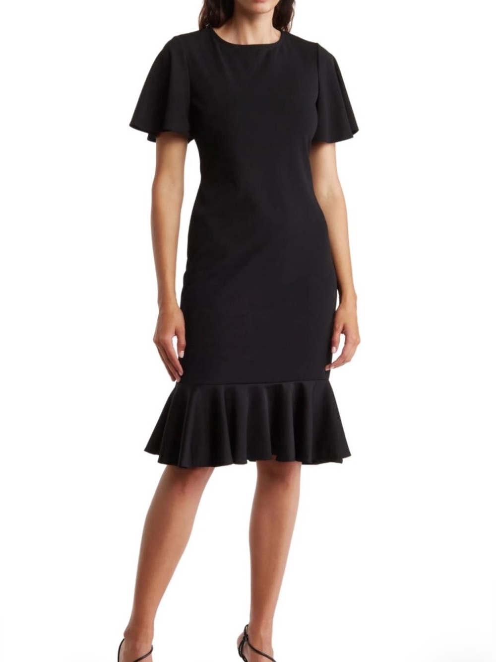 MARINA Flutter Sleeve Ruffled Hem Bodycon Short Sleeve Black Midi Dress Sz 8